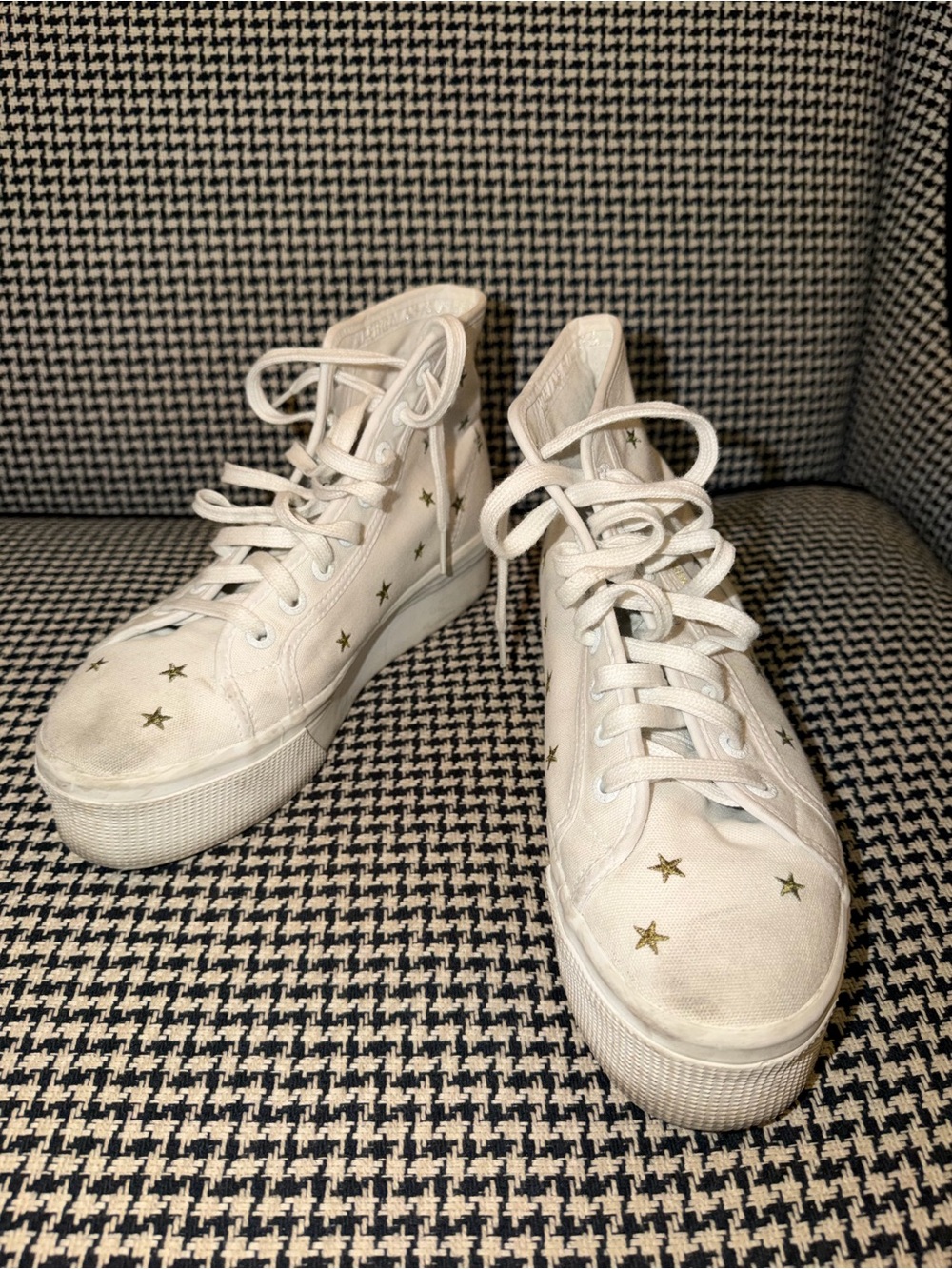 Superga White High-Top Platform Sneakers with Gold Star Details